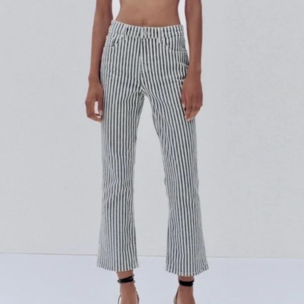 Zara Striped Cropped Flare Jeans